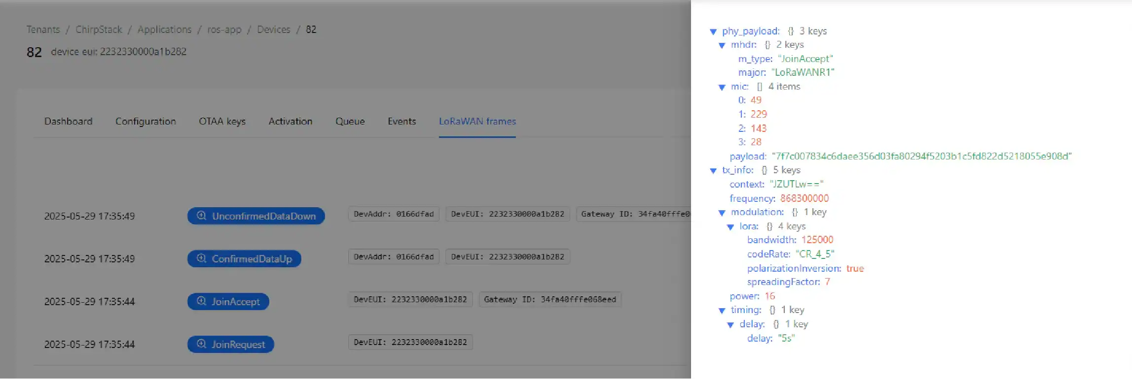 Image of ChirpStack validates the device.