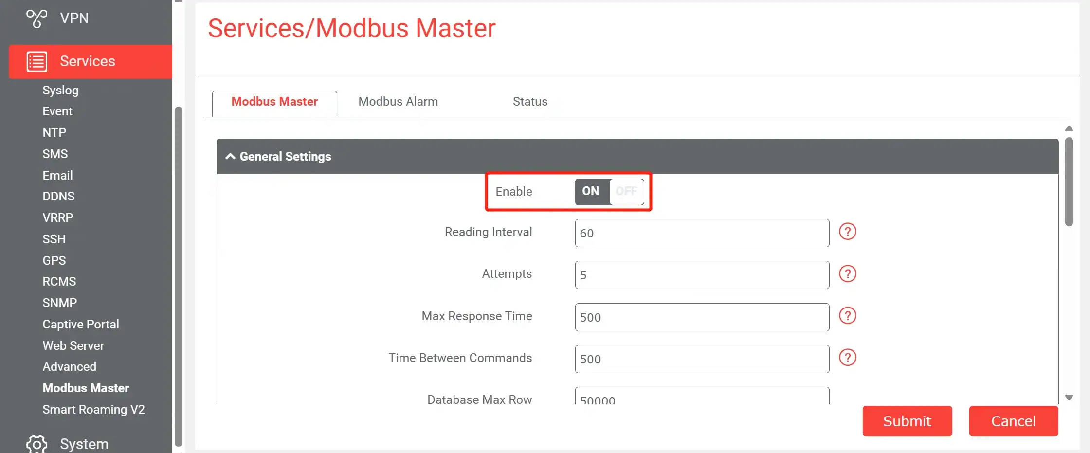 Illustration of enable Modbus Protoco.l