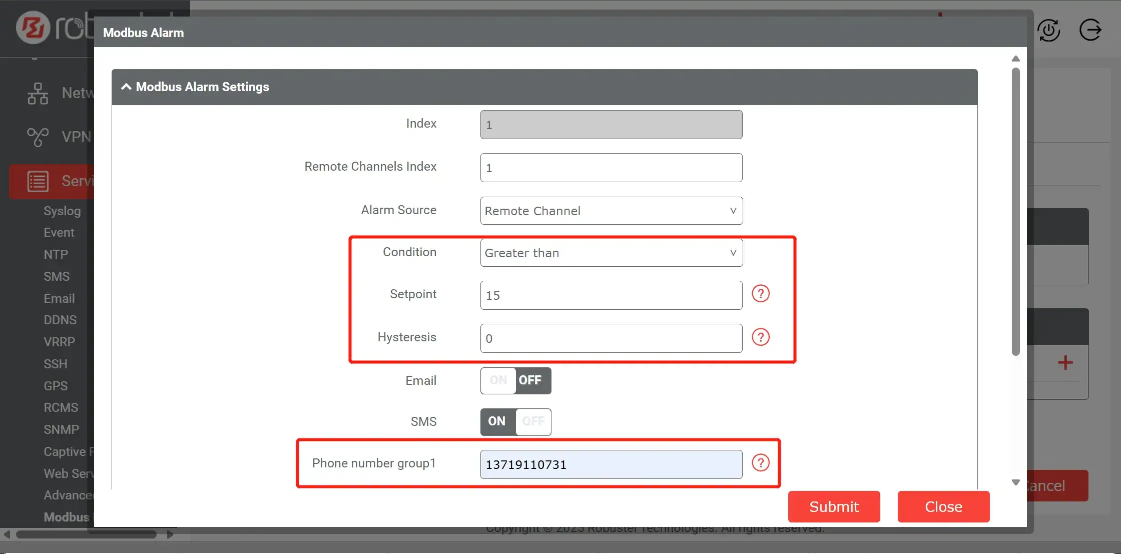 Illustration of modbus alarm settings.