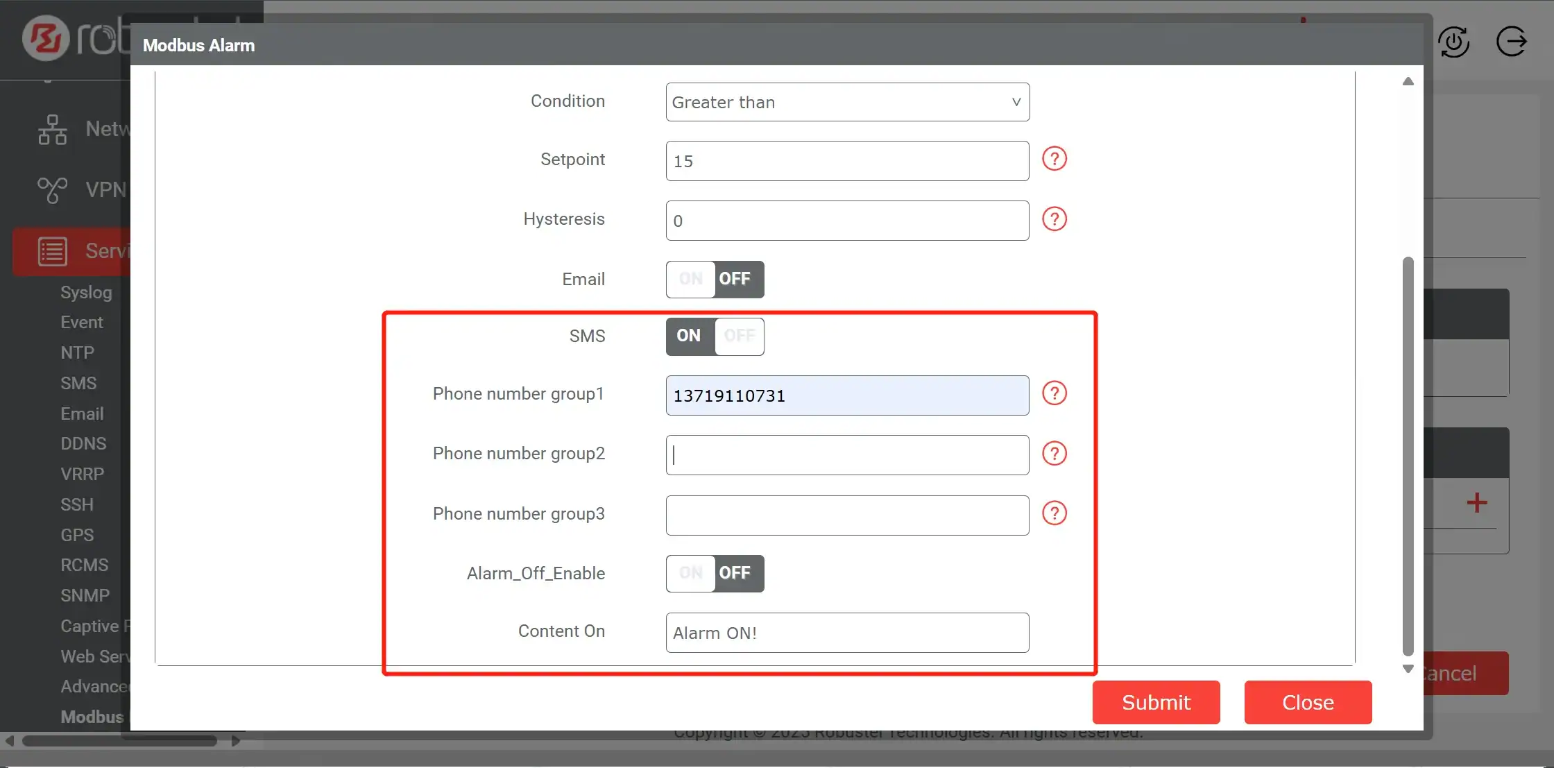 Illustration of modbus alarm.