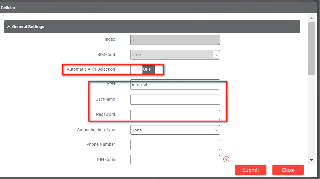 Image of cellular general settings.