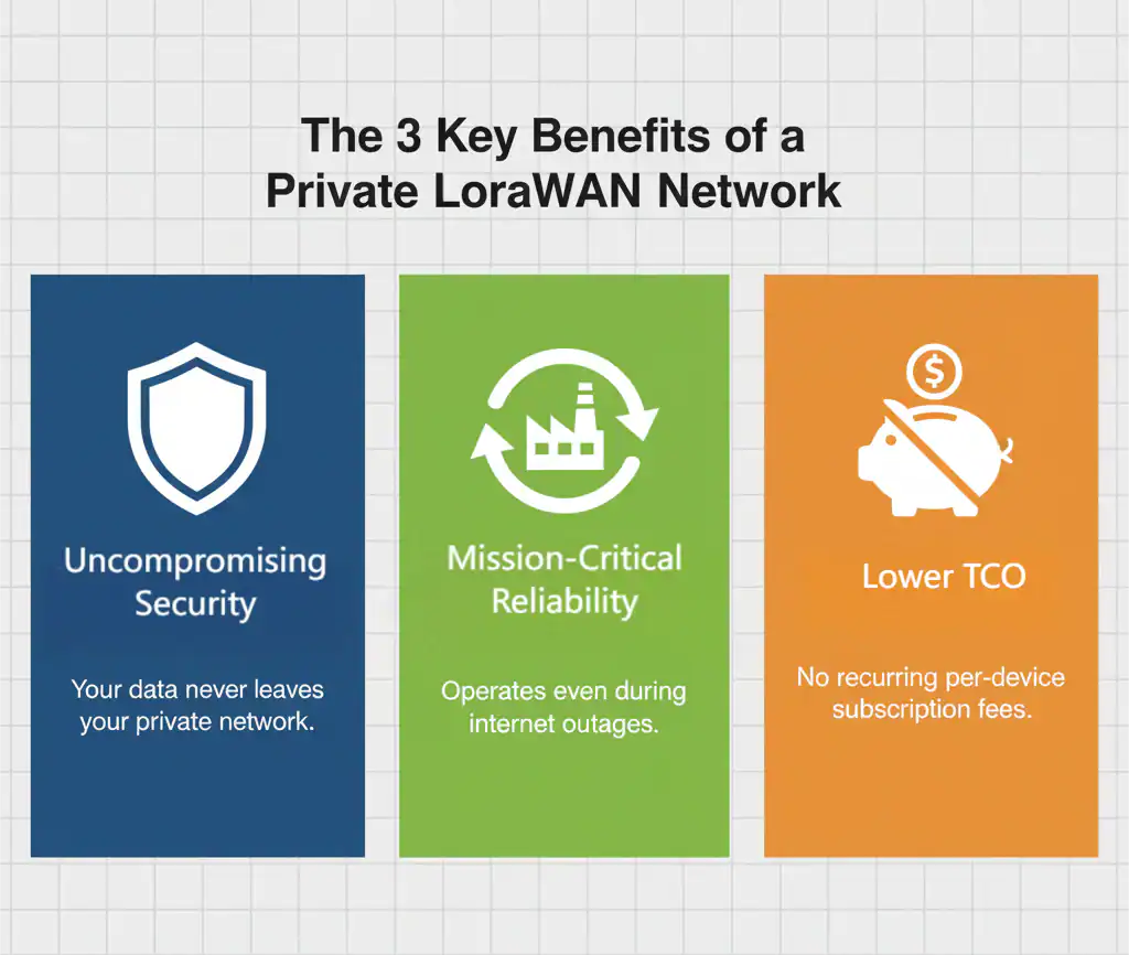 Illustration of 3 key benefits of a private lorawan network.