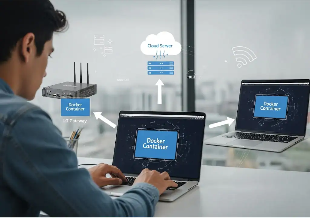 Illustration of people using Docker.