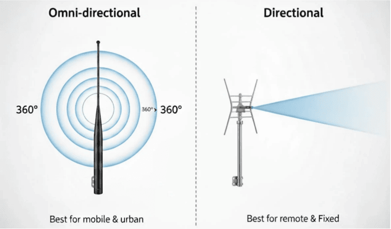 Illustration of omni vs directional cellular antennas.