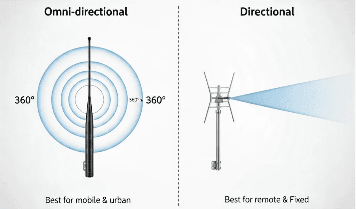 Illustration of omni vs directional cellular antennas.