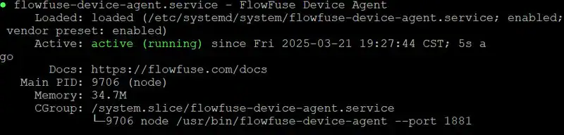 Screenshot of a successful installation of managing your flowfuse dashboard.