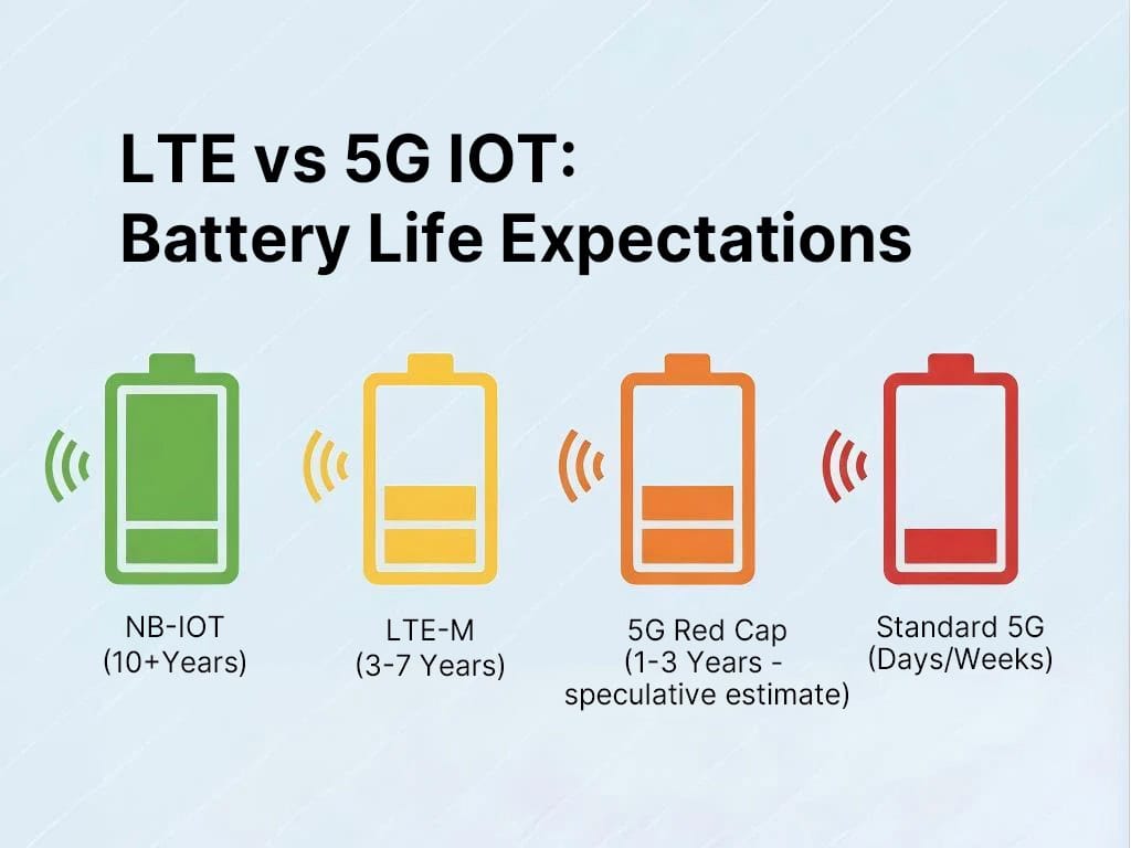 Image of comparison between LTE and 5g IoT about their battery life.