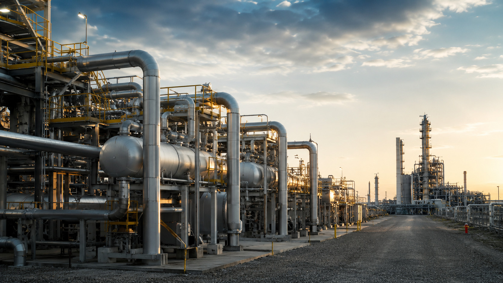 Wide view of industrial infrastructure with pipelines and utility equipment in a remote operational environment.