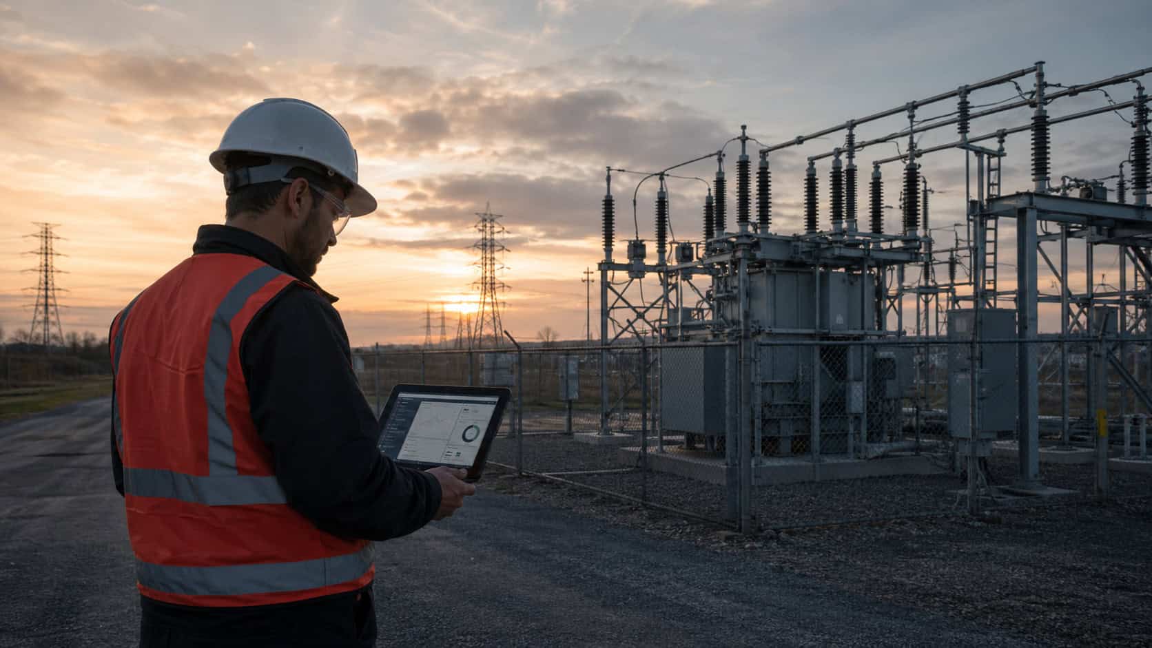 Field engineer using a tablet to monitor equipment data at a remote power substation.