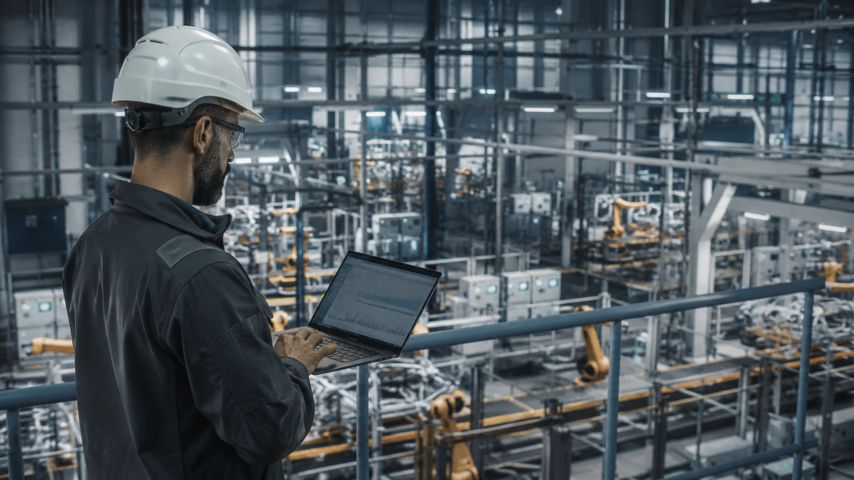 Industrial engineer using a laptop to monitor connected factory systems in an industrial IoT environment.