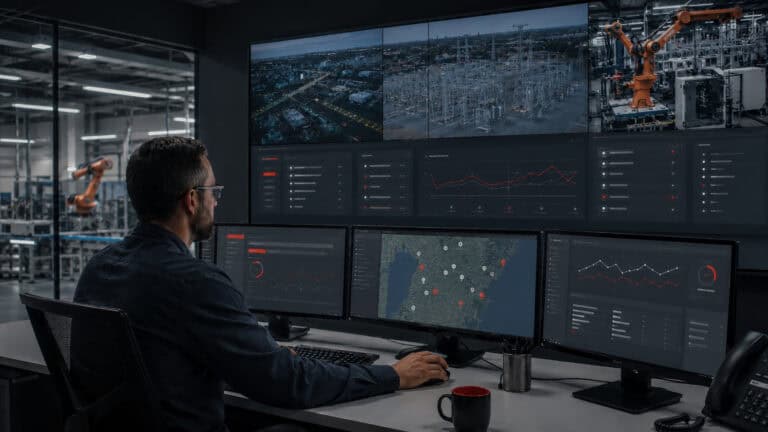 Industrial operator monitoring distributed infrastructure data across factory, utility, and transportation sites from a centralized control room.