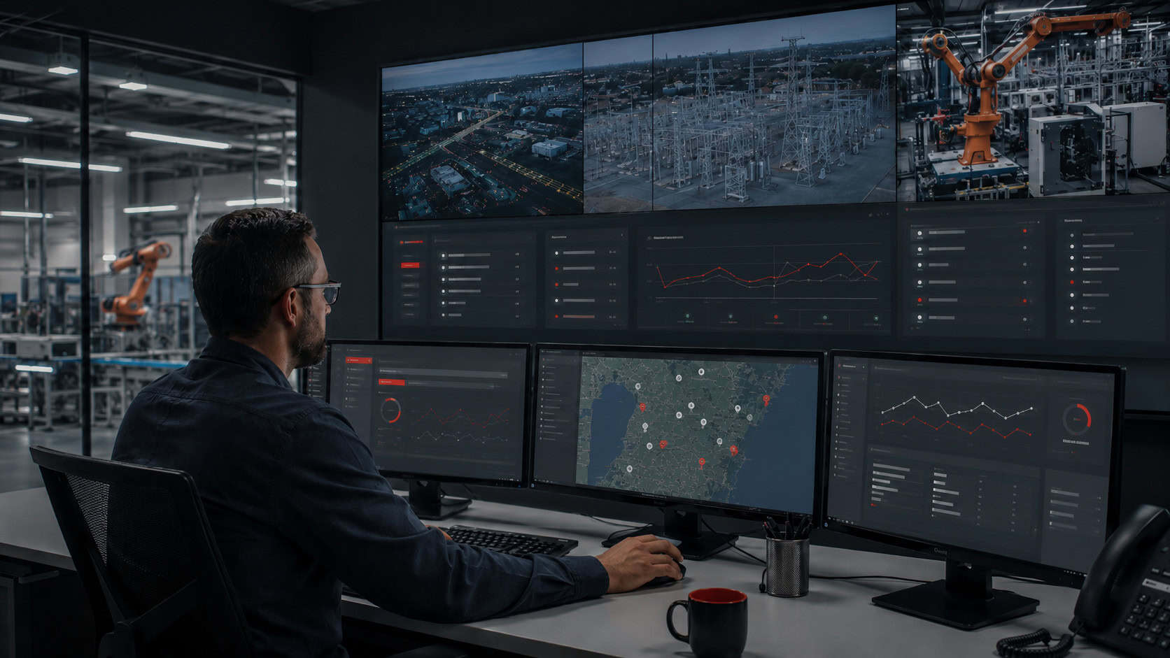 Industrial operator monitoring distributed infrastructure data across factory, utility, and transportation sites from a centralized control room.