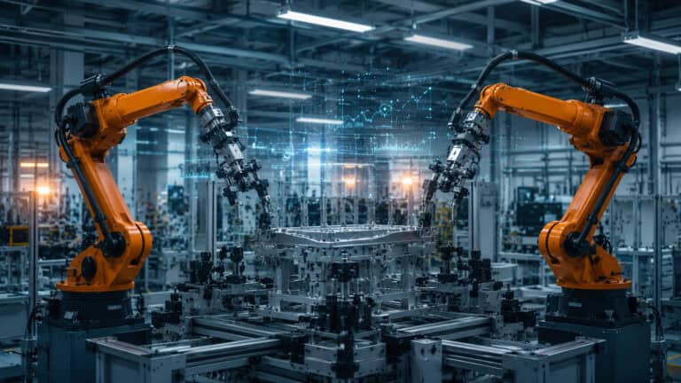 Automated manufacturing line with robotic arms and industrial equipment supporting connected production workflows.