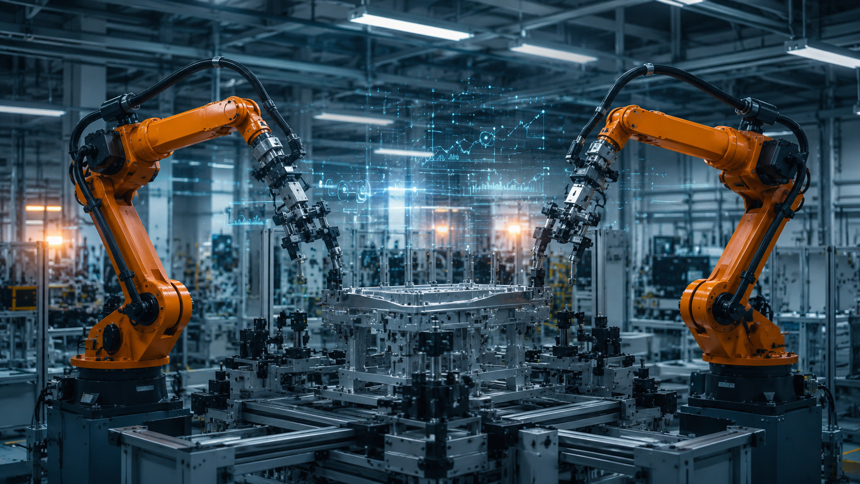 Automated manufacturing line with robotic arms and industrial equipment supporting connected production workflows.