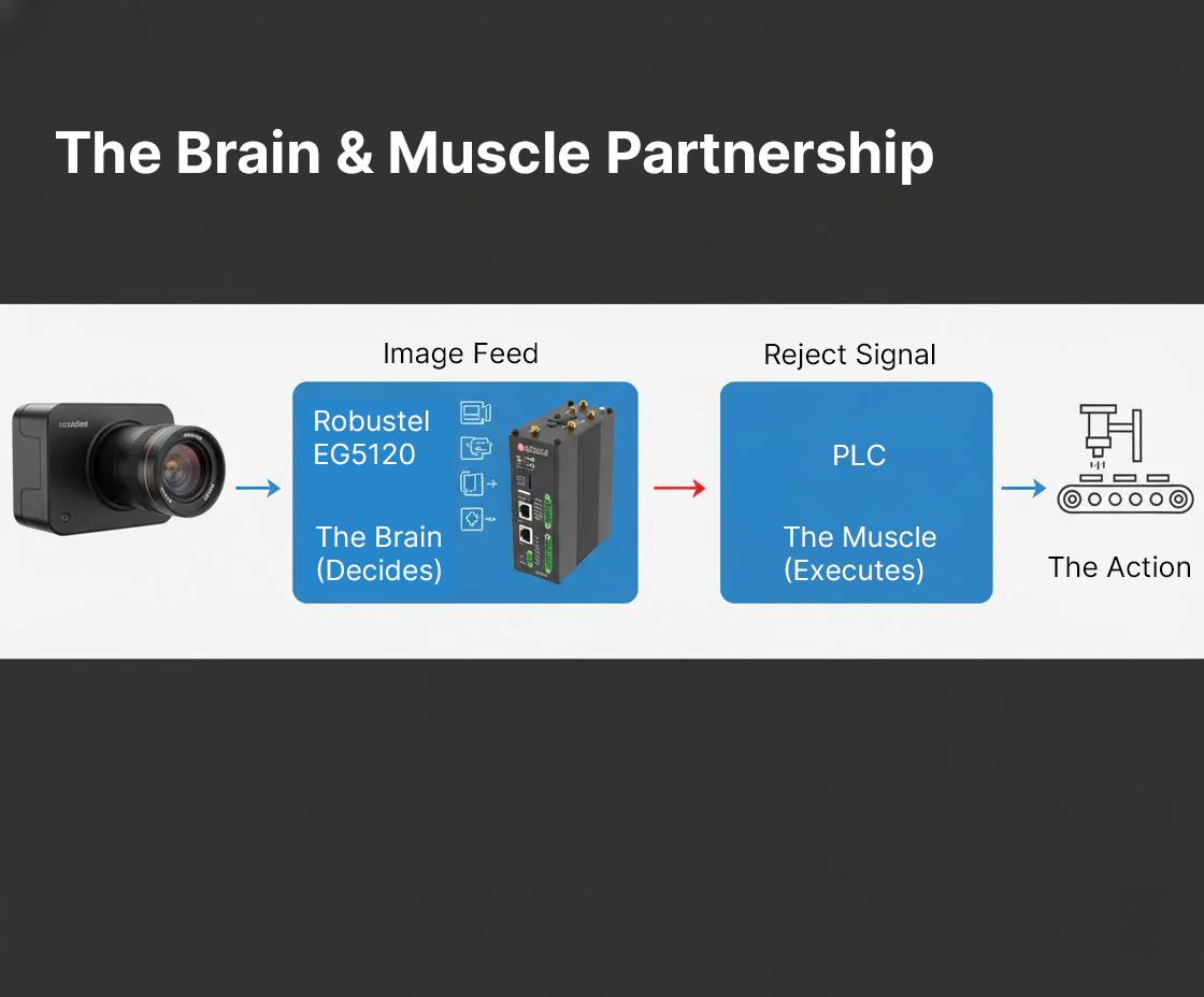 The image of the "brain and muscle partnership" metaphor to illustrate how Robustel edge control gateway benefits PLC management.