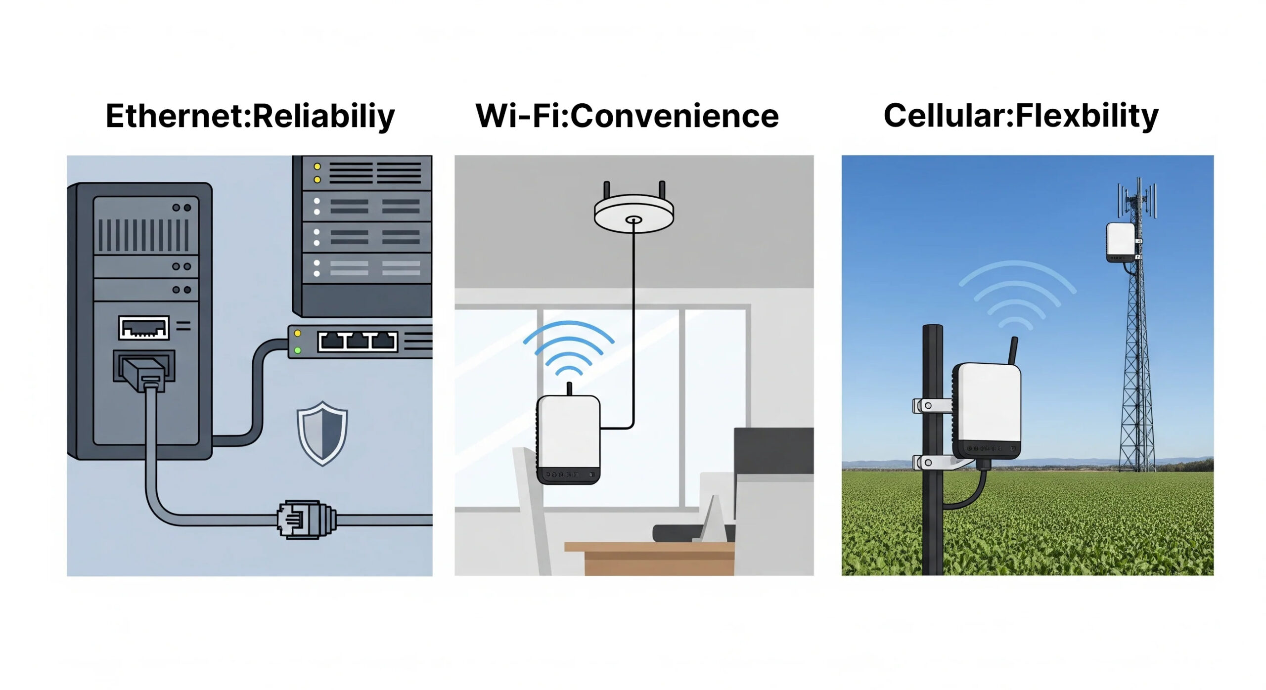 Image of advantages of each: Ethernet, Wi-Fi, and Cellular.