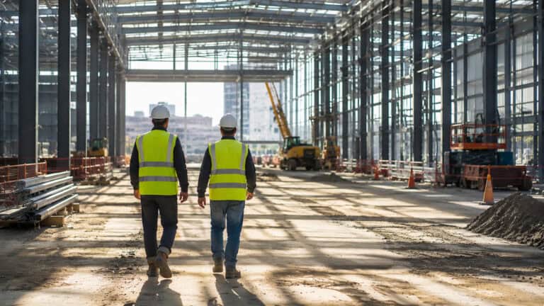 Construction workers walking through a large industrial building site with steel framing and heavy equipment.