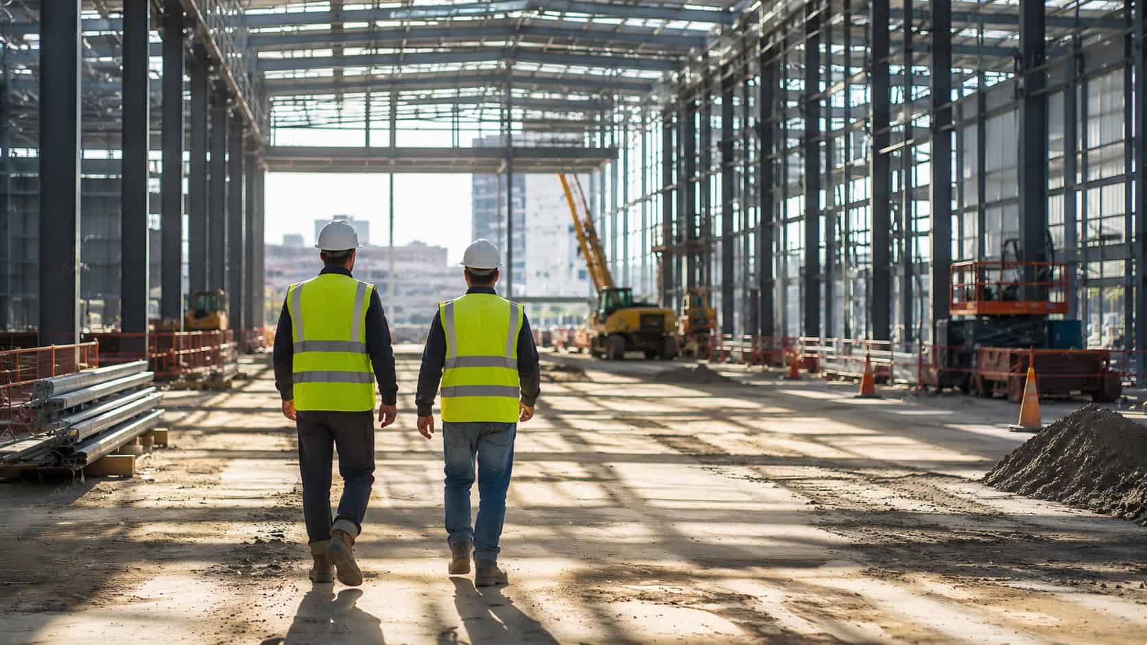 Construction workers walking through a large industrial building site with steel framing and heavy equipment.