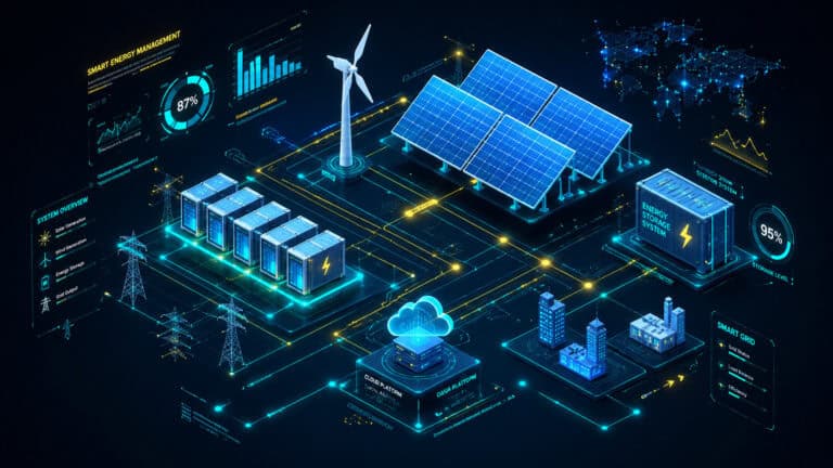 Digital energy management platform visualizing solar generation, wind power, battery storage, and cloud-connected smart grid infrastructure.