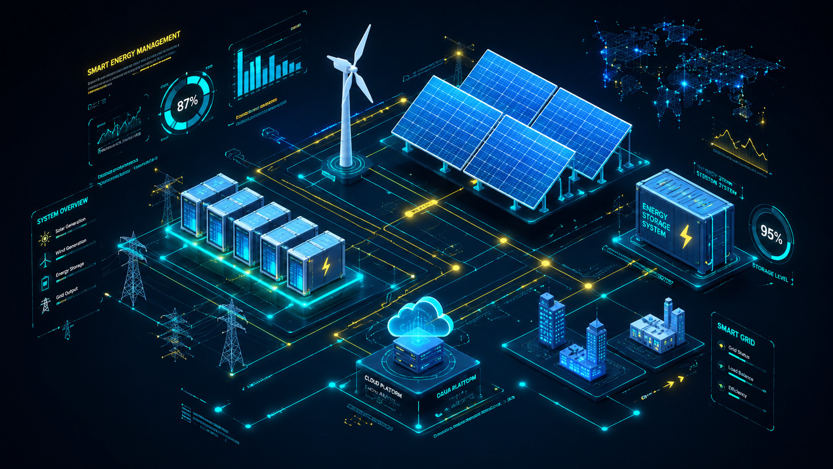 Digital energy management platform visualizing solar generation, wind power, battery storage, and cloud-connected smart grid infrastructure.
