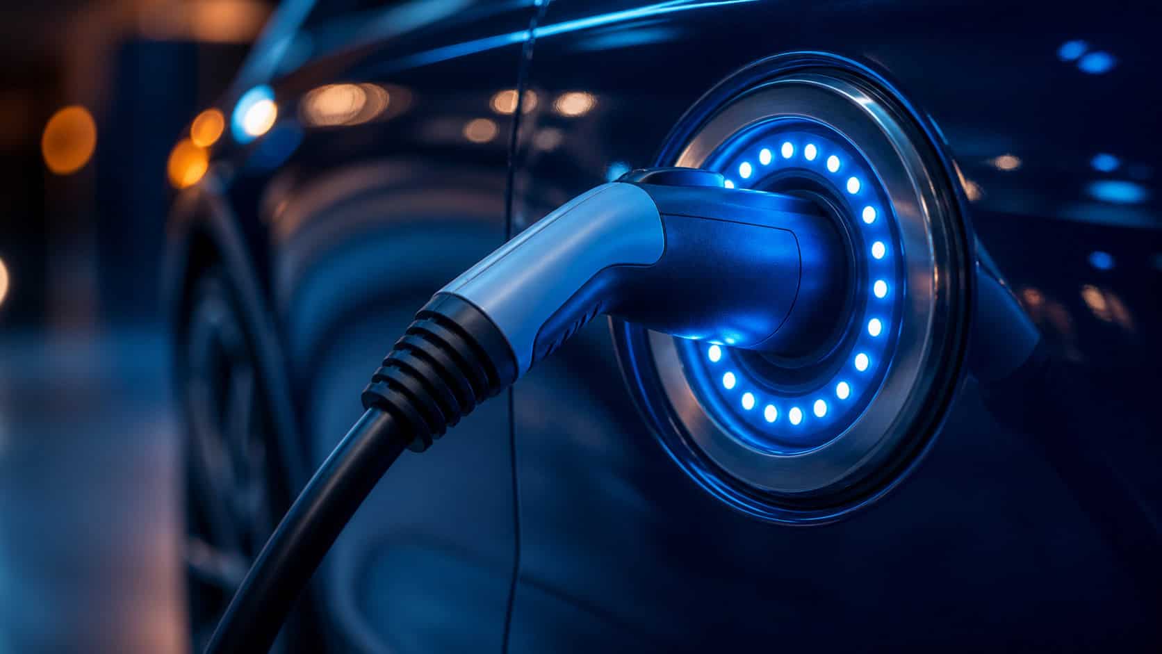 Electric vehicle connected to a charging station as part of smart transportation and energy infrastructure.