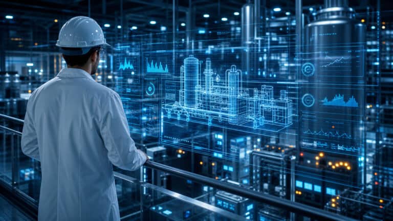 Engineer monitoring a digital twin of industrial equipment through a real-time visualization platform inside a manufacturing facility.