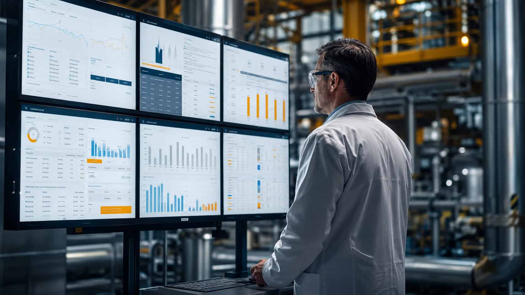 Engineer reviewing industrial performance dashboards on multiple monitoring screens inside a connected factory environment.