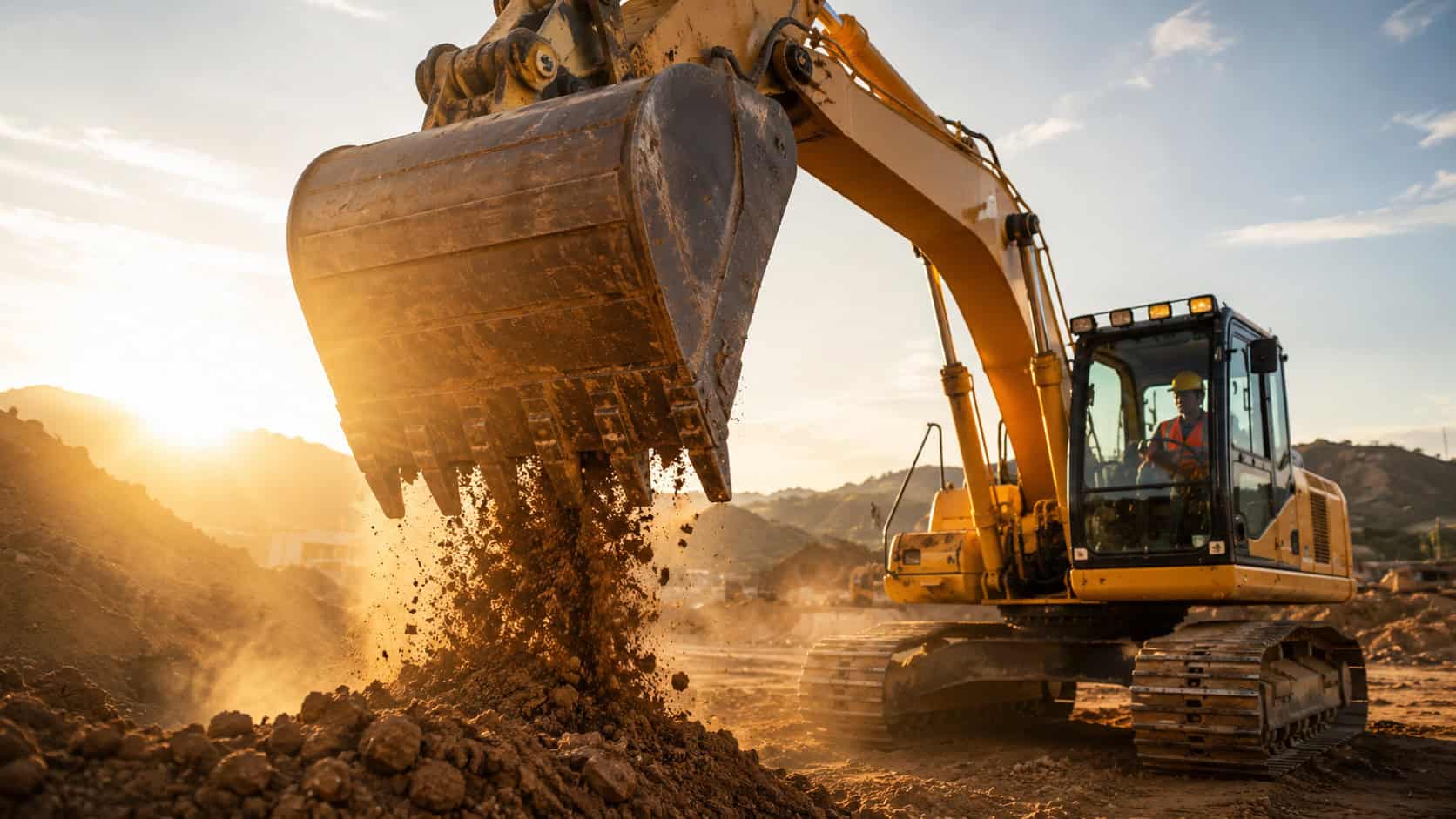 Excavator moving soil and rocks at a construction site during sunset.