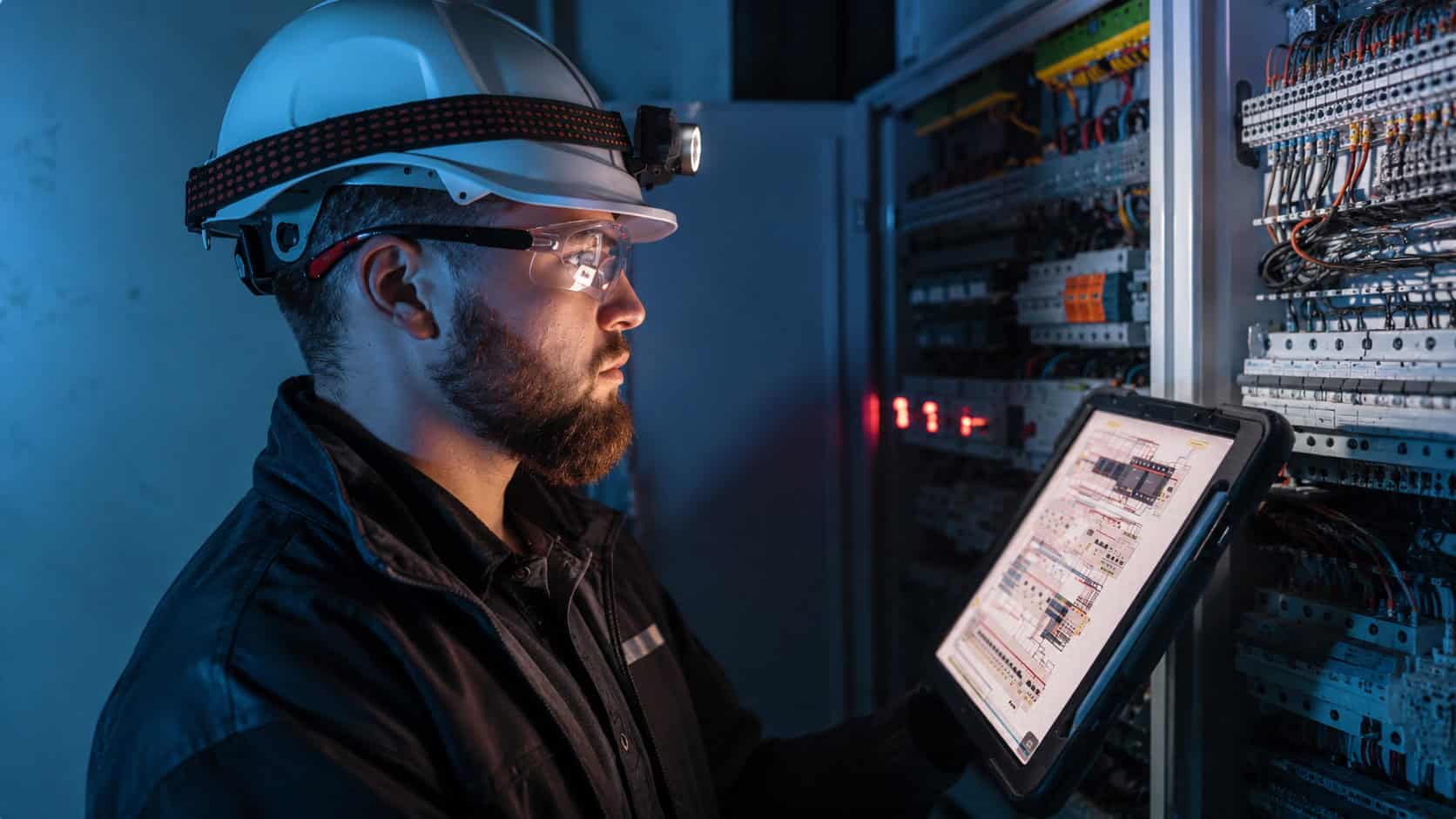 Field technician inspecting an electrical control cabinet using a tablet in an industrial facility.