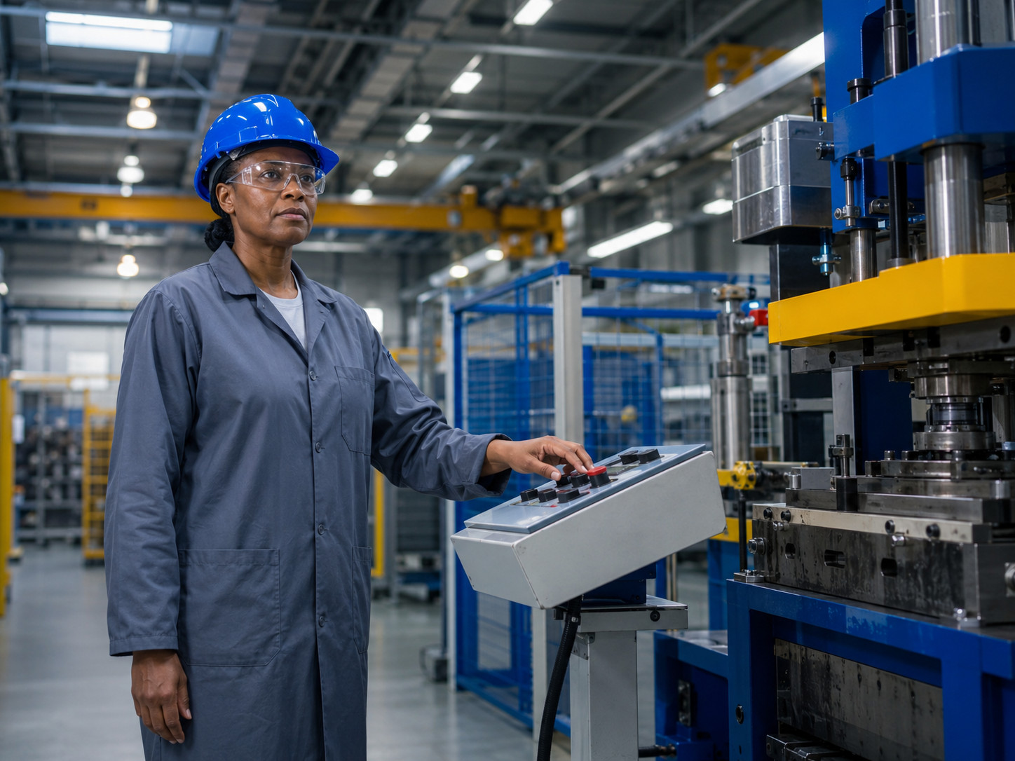 Industrial operator using a control panel to monitor manufacturing equipment inside a factory workshop.