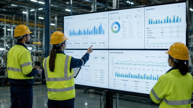 Industrial engineers reviewing real-time production dashboards and equipment performance metrics on a large digital monitoring display inside a smart factory.