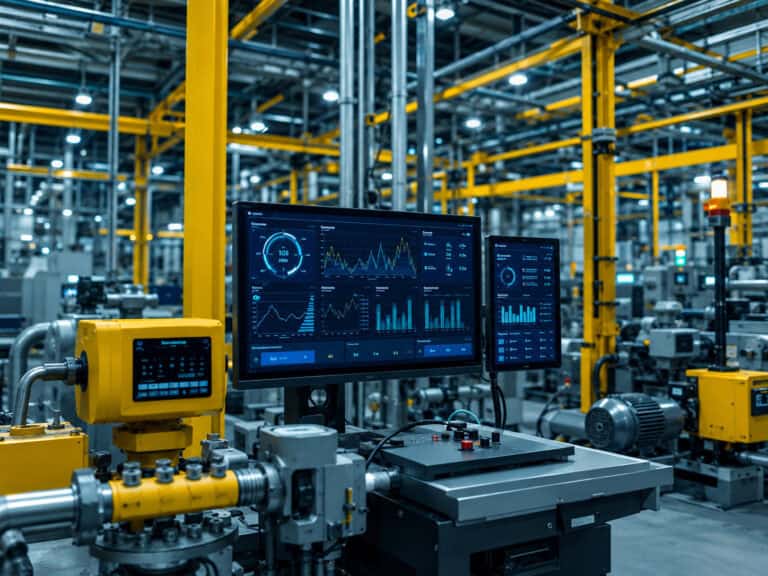 Industrial monitoring workstation with real-time dashboard screens inside a connected factory environment.