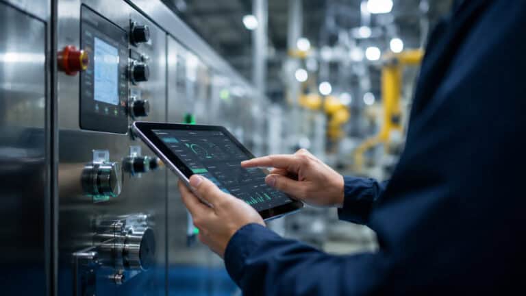 Industrial technician using a tablet to monitor and configure equipment through a factory control panel.