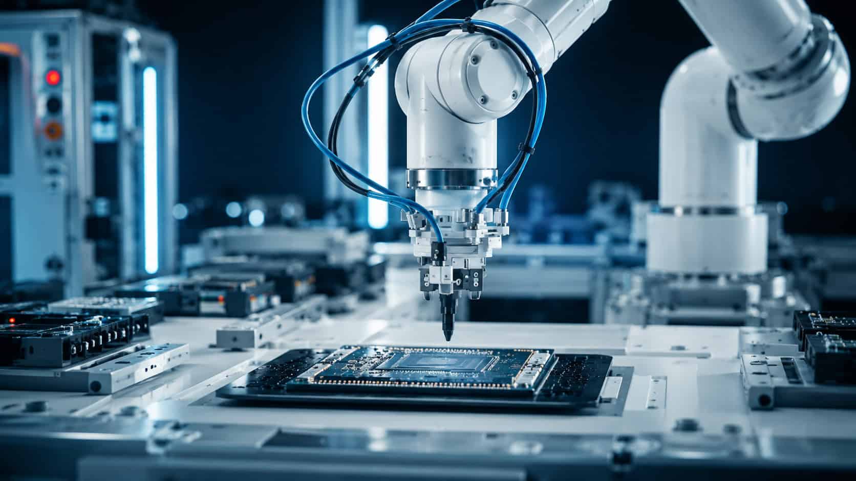 Precision robotic arm assembling electronic circuit boards in an automated manufacturing production line.