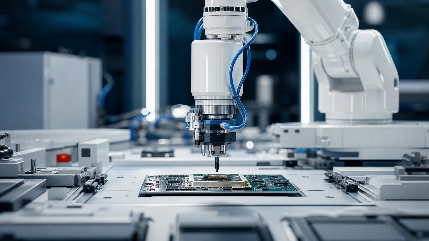 Precision robotic arm assembling an electronic circuit board on an automated manufacturing line.