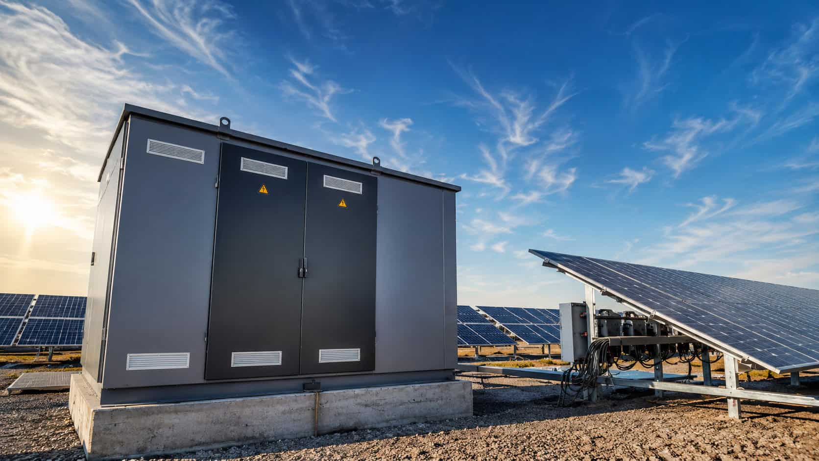 Solar power installation with utility control cabinet and photovoltaic panels supporting remote energy infrastructure.