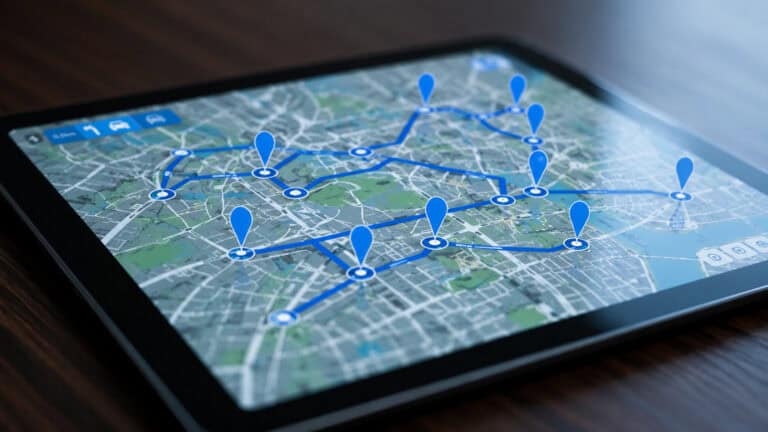 Tablet displaying a digital map with multiple connected location markers for asset tracking and fleet management.