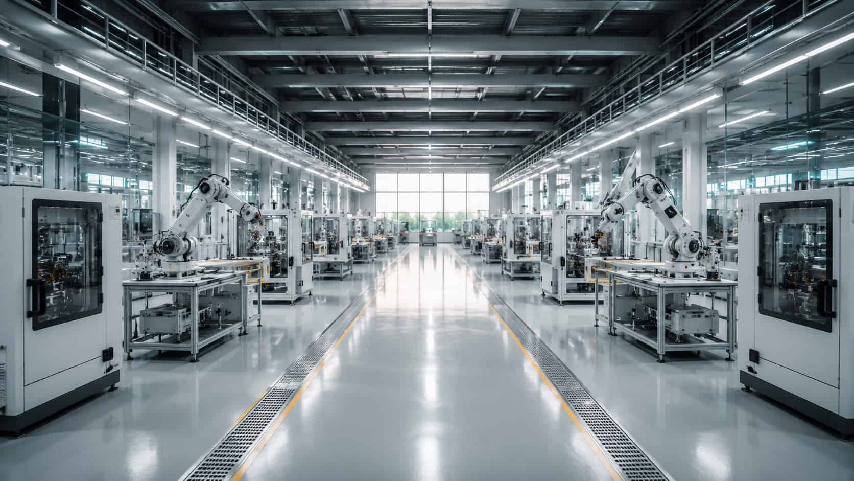 Automated factory workshop with robotic arms and production equipment arranged along a clean manufacturing floor.