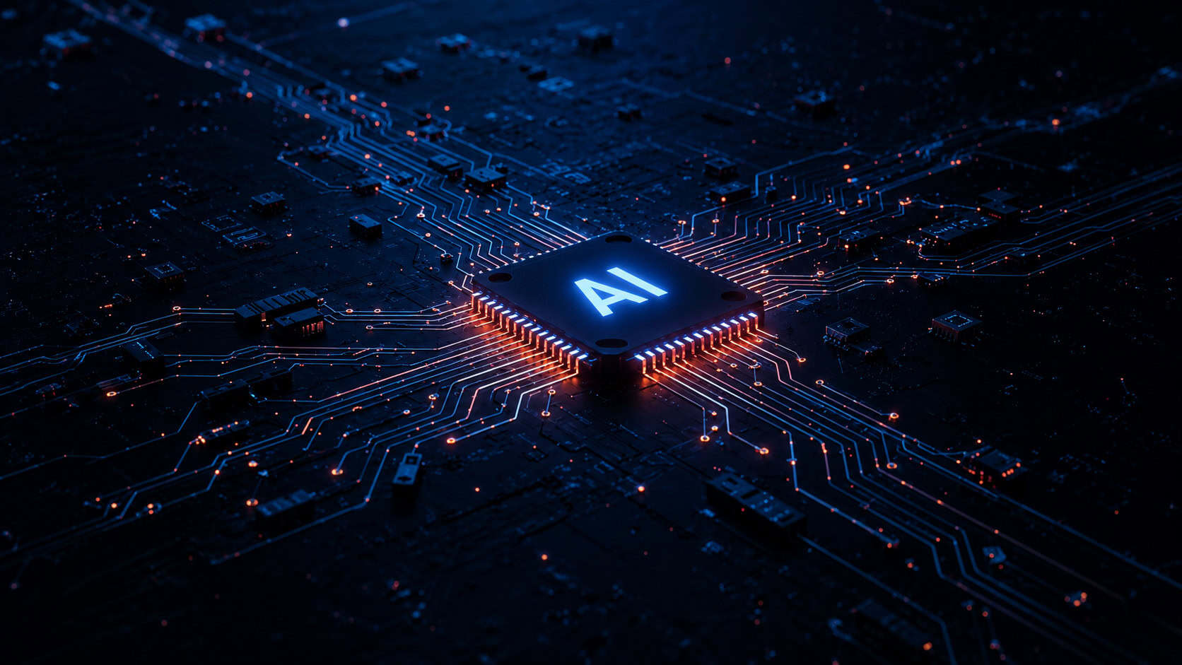 Conceptual illustration of an AI processor integrated with high-speed circuit architecture for edge AI and industrial computing applications.