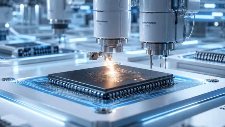 Automated robotic assembly system performing precision processing on an AI semiconductor chip in a smart electronics manufacturing facility.