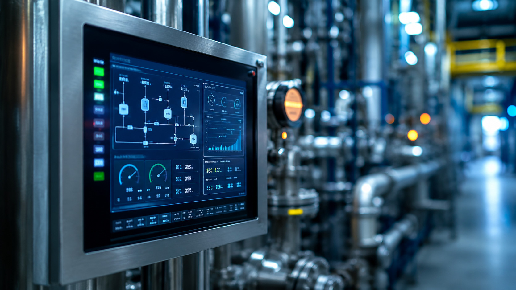 Digital industrial control interface monitoring process equipment, production metrics, and operational performance in an automated industrial facility.