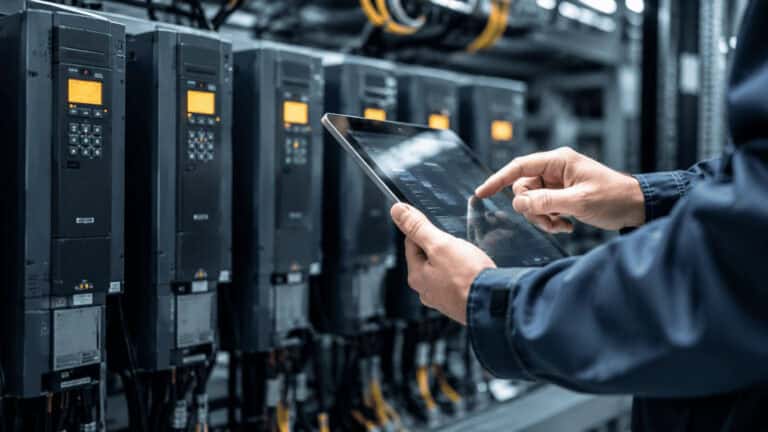 Engineer using a tablet to monitor industrial control equipment and automation systems in a modern manufacturing facility.
