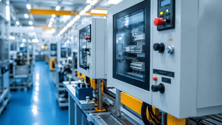 Industrial control cabinets installed along an automated production line in a modern smart manufacturing facility.