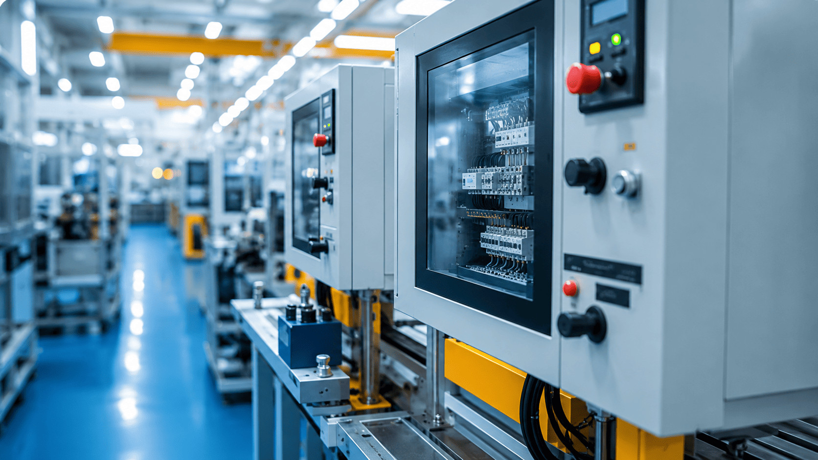 Industrial control cabinets installed along an automated production line in a modern smart manufacturing facility.