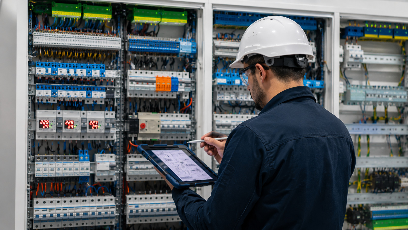 Industrial engineer inspecting an electrical control cabinet while reviewing equipment diagnostics and maintenance data on a tablet.