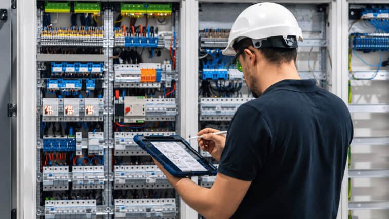 Industrial technician inspecting an electrical control panel with a rugged tablet during factory equipment maintenance.
