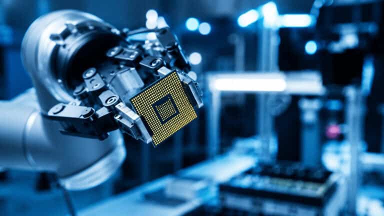 Industrial robot precisely handling a microprocessor chip in a smart manufacturing environment with advanced automation technology.