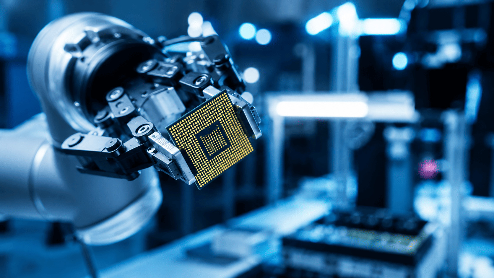Industrial robot precisely handling a microprocessor chip in a smart manufacturing environment with advanced automation technology.