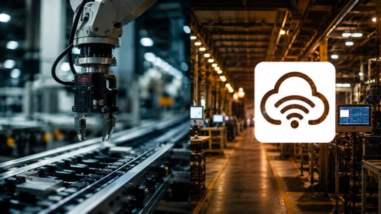 Robotic gripper on an automated production line with cloud connectivity concept in a modern factory environment.