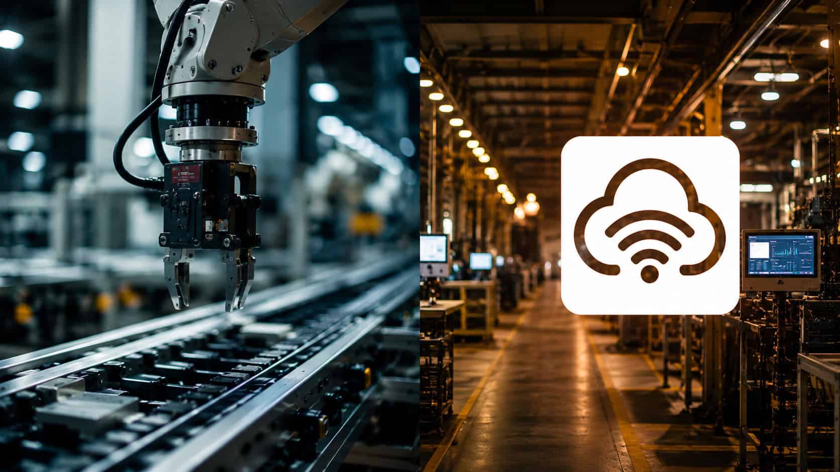 Robotic gripper on an automated production line with cloud connectivity concept in a modern factory environment.